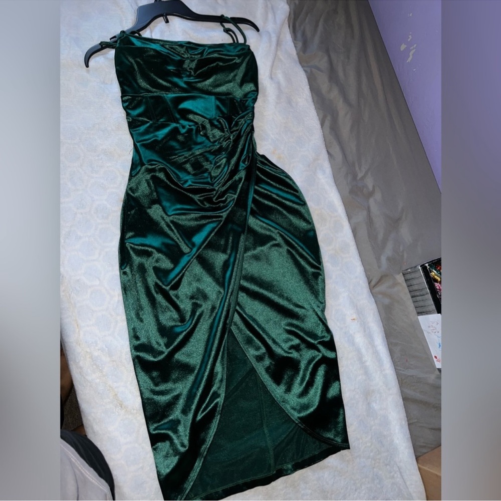 Windsor Strapless Dark Green Satin Dress